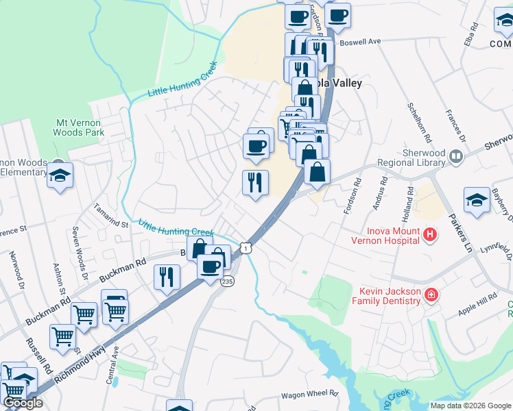 map of restaurants, bars, coffee shops, grocery stores, and more near 7940 Richmond Highway in Alexandria