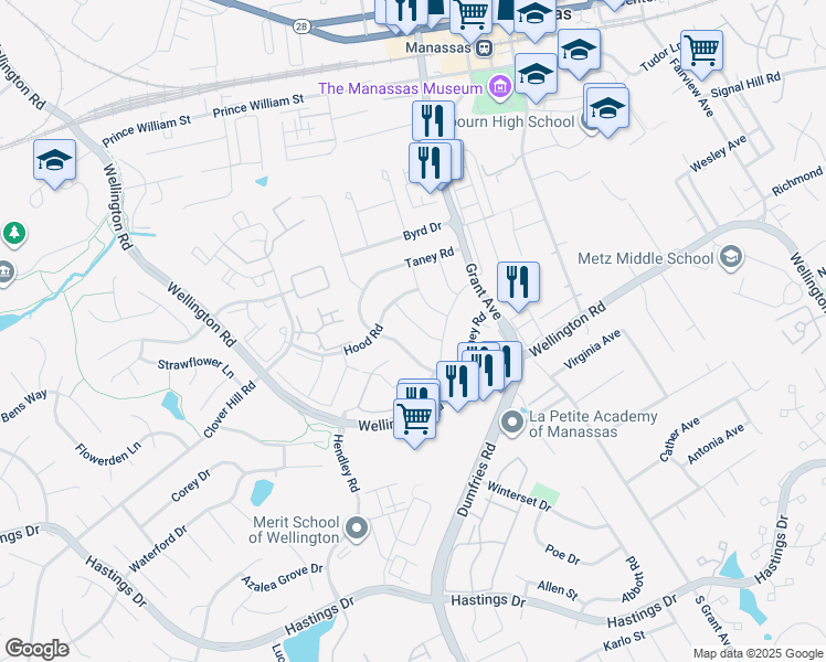map of restaurants, bars, coffee shops, grocery stores, and more near 9822 Town Lane in Manassas