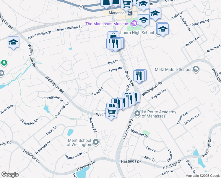 map of restaurants, bars, coffee shops, grocery stores, and more near 9822 Town Lane in Manassas