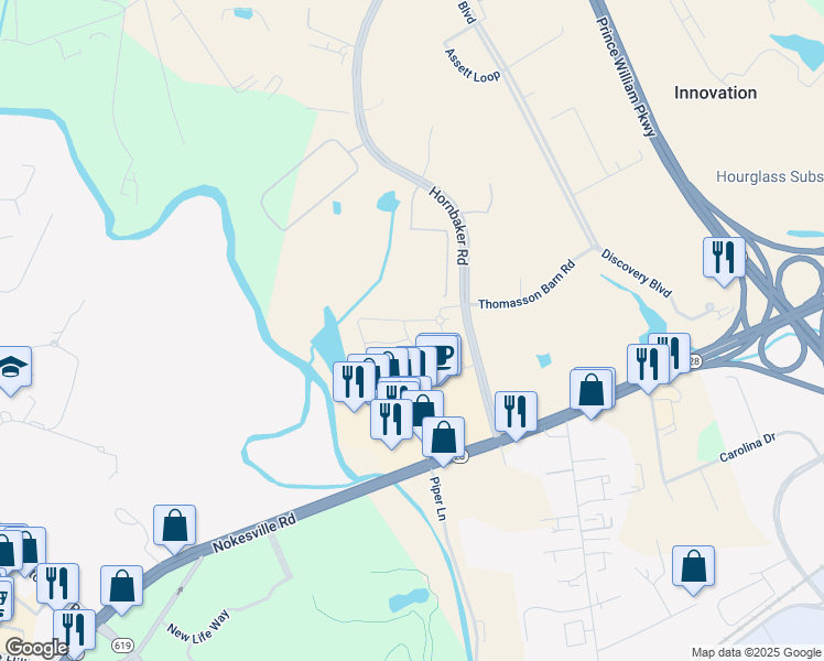 map of restaurants, bars, coffee shops, grocery stores, and more near 11303 Democracy Lane in Manassas