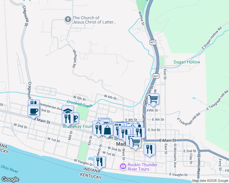 map of restaurants, bars, coffee shops, grocery stores, and more near 740 Michigan Road in Madison