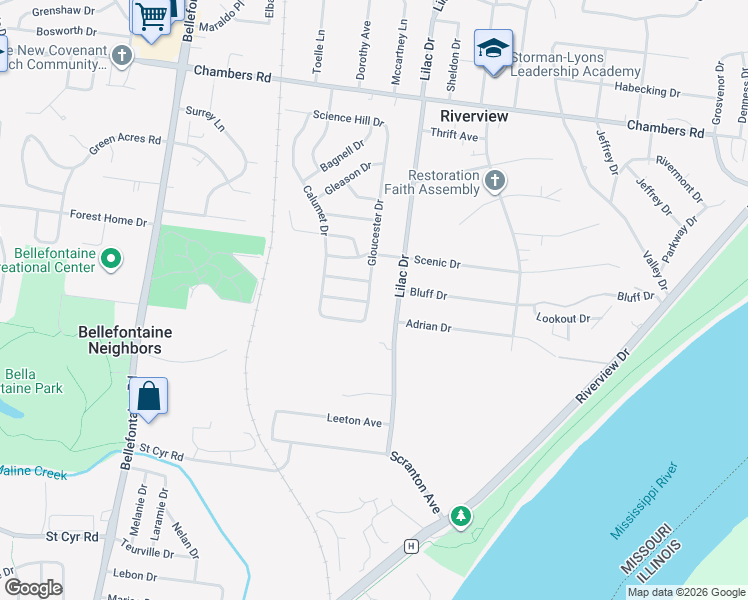 map of restaurants, bars, coffee shops, grocery stores, and more near 9728 Gloucester Drive in St. Louis