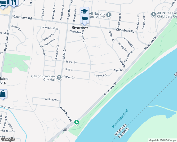 map of restaurants, bars, coffee shops, grocery stores, and more near 9701 Diamond Drive in St. Louis