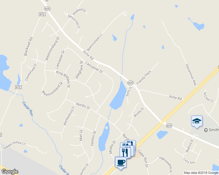 map of restaurants, bars, coffee shops, grocery stores, and more near 6439 Lancaster Drive in Warrenton