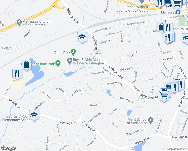 map of restaurants, bars, coffee shops, grocery stores, and more near 9329 Camphor Court in Manassas
