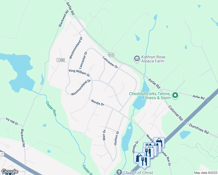map of restaurants, bars, coffee shops, grocery stores, and more near 7296 Westmoreland Drive in Warrenton
