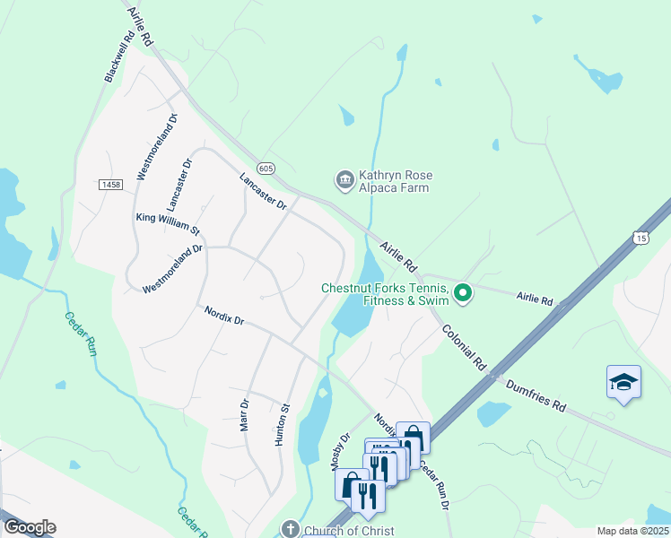 map of restaurants, bars, coffee shops, grocery stores, and more near 6439 Lancaster Drive in Warrenton
