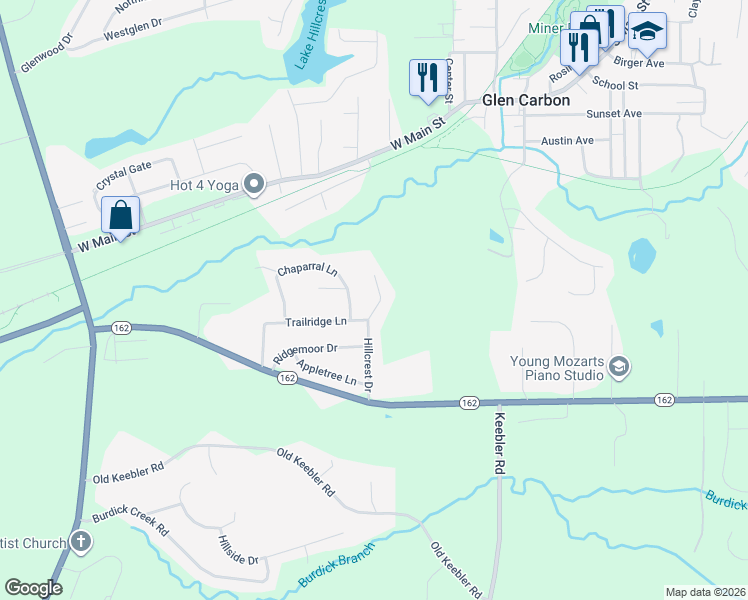 map of restaurants, bars, coffee shops, grocery stores, and more near 200 Hillcrest Drive in Glen Carbon