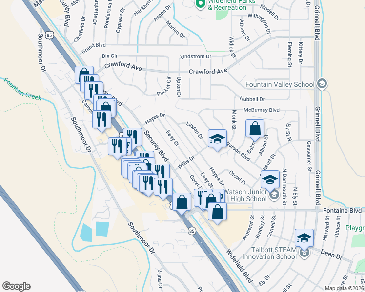 map of restaurants, bars, coffee shops, grocery stores, and more near 117 Easy Street in Colorado Springs