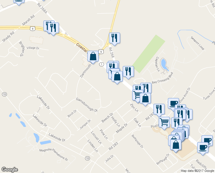 map of restaurants, bars, coffee shops, grocery stores, and more near 1416 Delaware 1 in Lewes