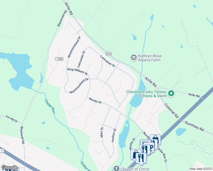 map of restaurants, bars, coffee shops, grocery stores, and more near 7296 Westmoreland Drive in Warrenton