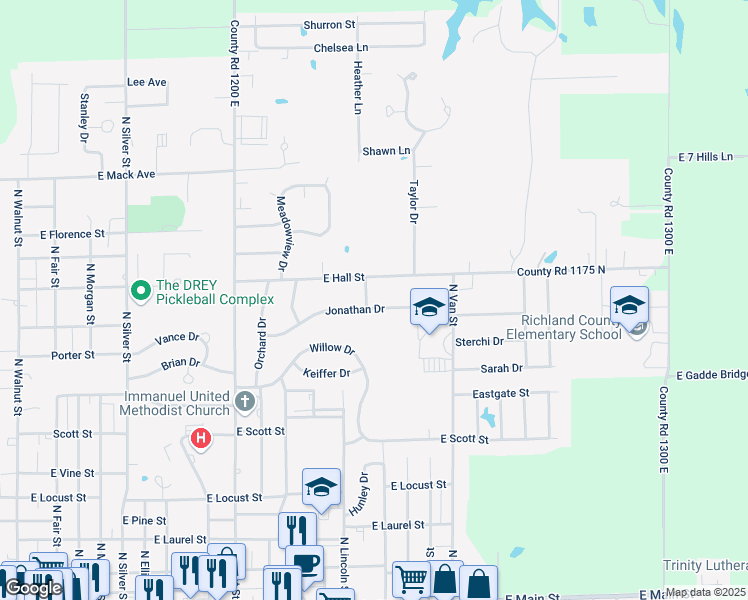 map of restaurants, bars, coffee shops, grocery stores, and more near 1315 East Hall Street in Olney