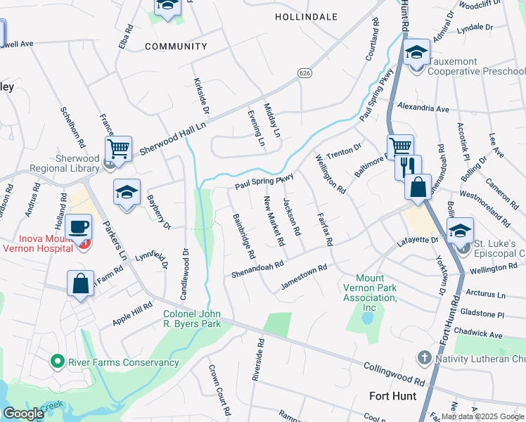 map of restaurants, bars, coffee shops, grocery stores, and more near 7920 New Market Rd in Alexandria