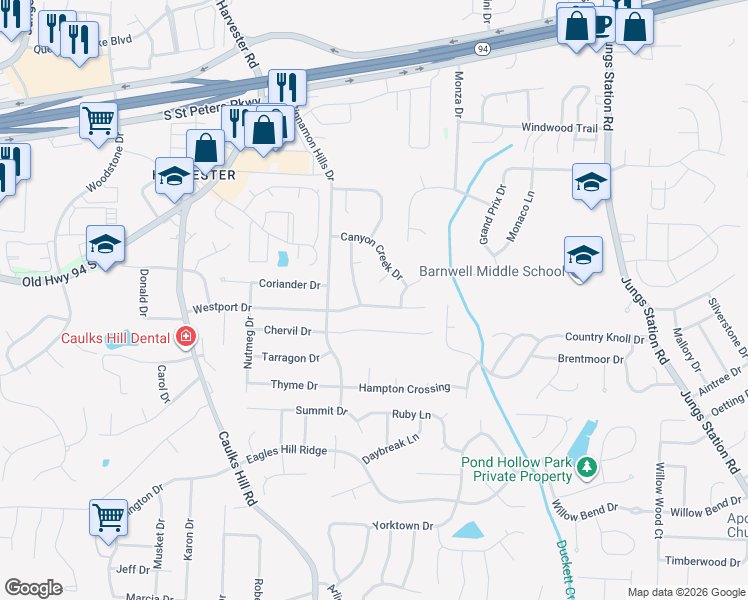 map of restaurants, bars, coffee shops, grocery stores, and more near 3589 Westport Drive in Saint Charles