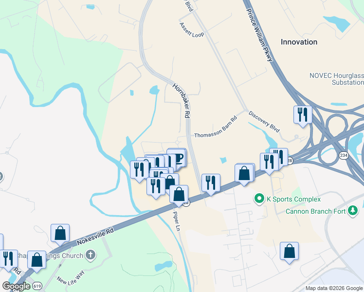 map of restaurants, bars, coffee shops, grocery stores, and more near 11201 Partnership Lane in Manassas