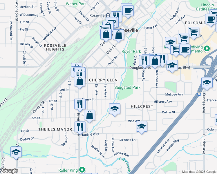 map of restaurants, bars, coffee shops, grocery stores, and more near 422 Bonita Street in Roseville
