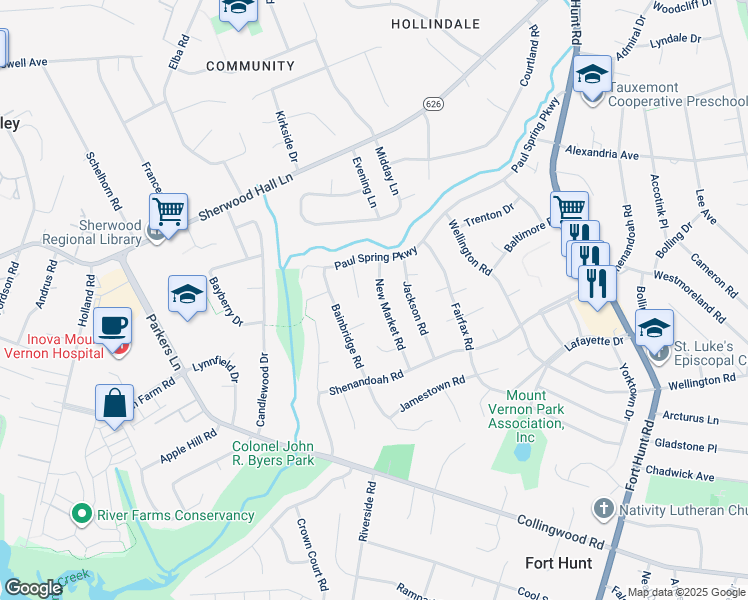map of restaurants, bars, coffee shops, grocery stores, and more near 7920 New Market Rd in Alexandria