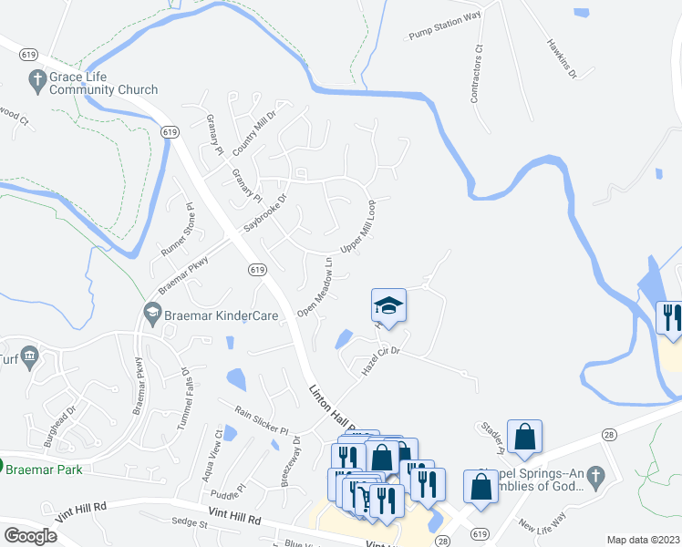 map of restaurants, bars, coffee shops, grocery stores, and more near 9819 Pear Tree Court in Bristow