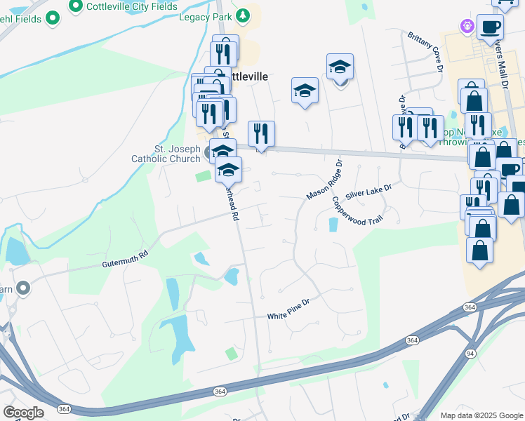 map of restaurants, bars, coffee shops, grocery stores, and more near 118 Lilac Blossom Drive in Cottleville
