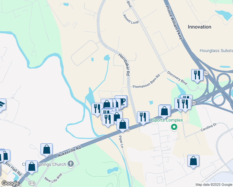 map of restaurants, bars, coffee shops, grocery stores, and more near 9812 Shallow Creek Loop in Manassas