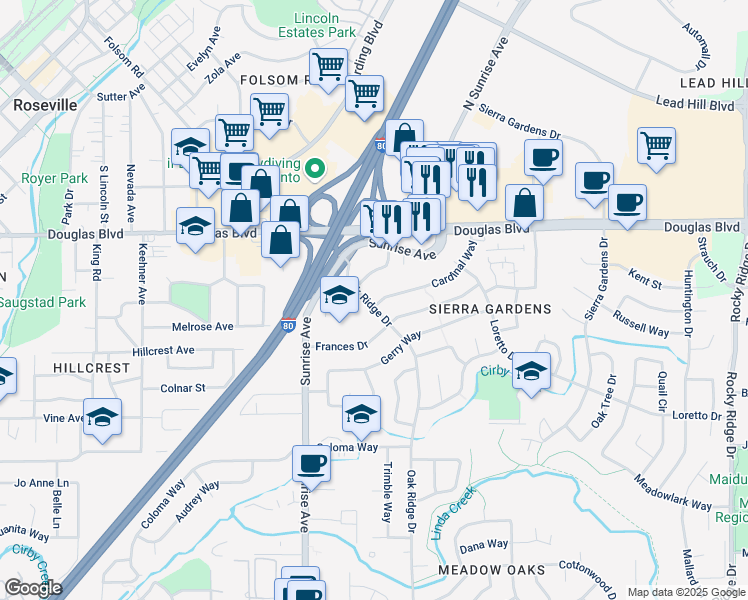 map of restaurants, bars, coffee shops, grocery stores, and more near 317 Oak Ridge Drive in Roseville