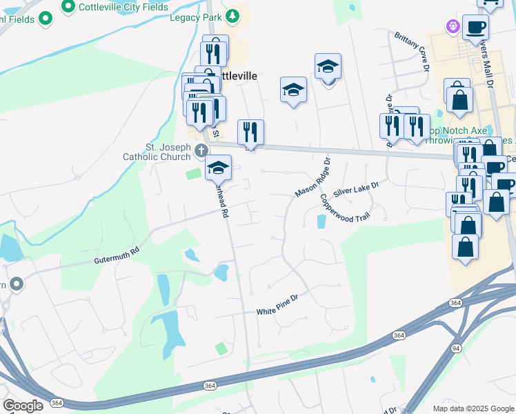 map of restaurants, bars, coffee shops, grocery stores, and more near 118 Lilac Blossom Drive in Cottleville