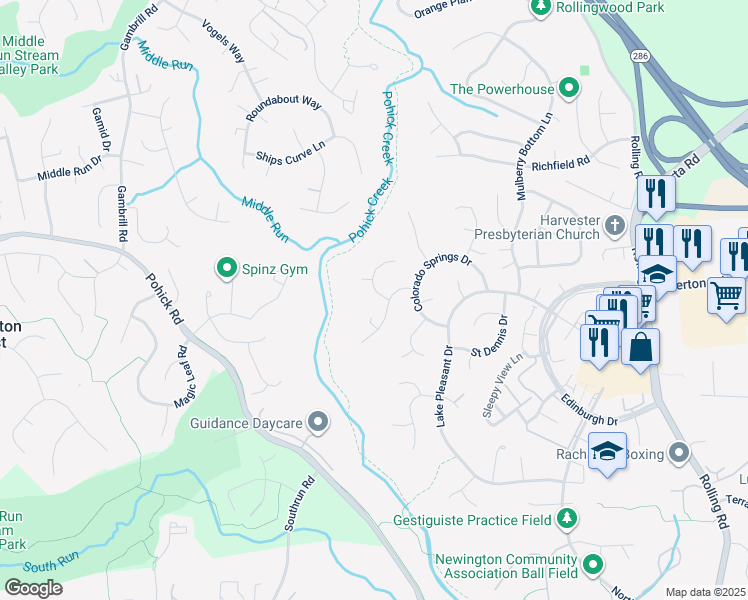 map of restaurants, bars, coffee shops, grocery stores, and more near 7922 Journey Lane in Springfield