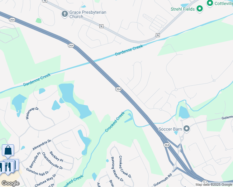 map of restaurants, bars, coffee shops, grocery stores, and more near Missouri 364 in Cottleville