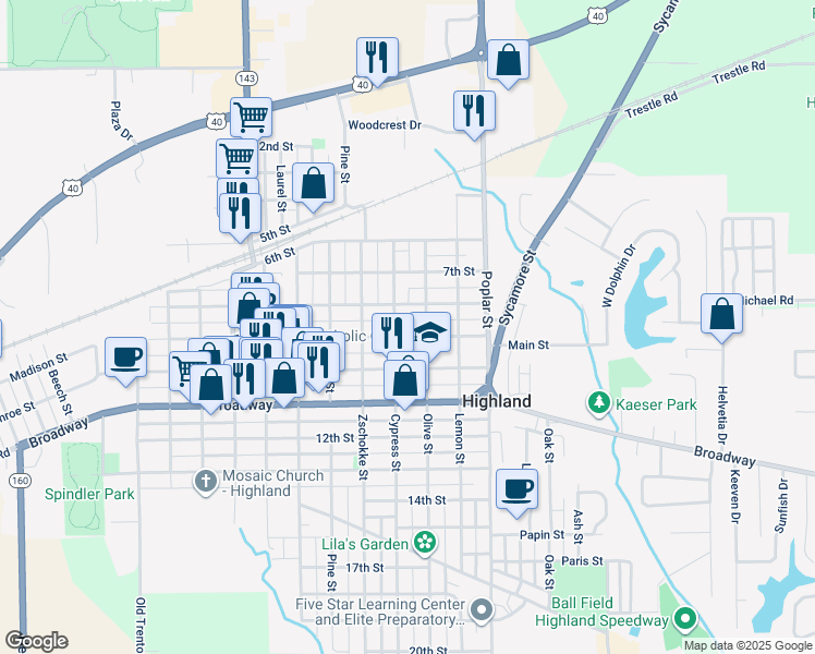 map of restaurants, bars, coffee shops, grocery stores, and more near 1309 9th Street in Highland
