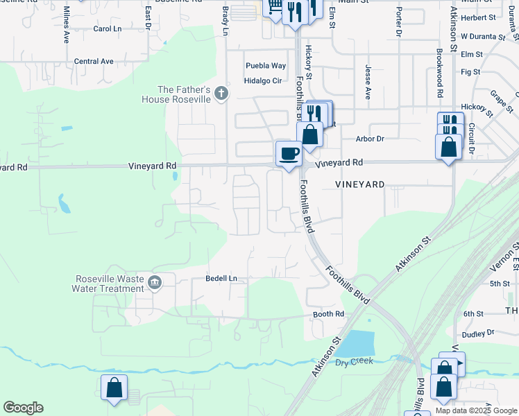 map of restaurants, bars, coffee shops, grocery stores, and more near Malbec Street in Roseville