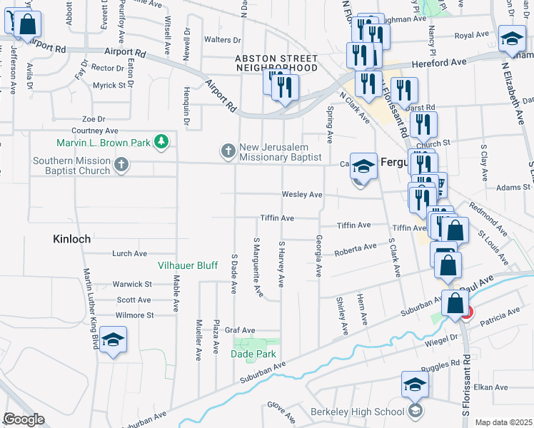 map of restaurants, bars, coffee shops, grocery stores, and more near 623 Tiffin Avenue in Ferguson