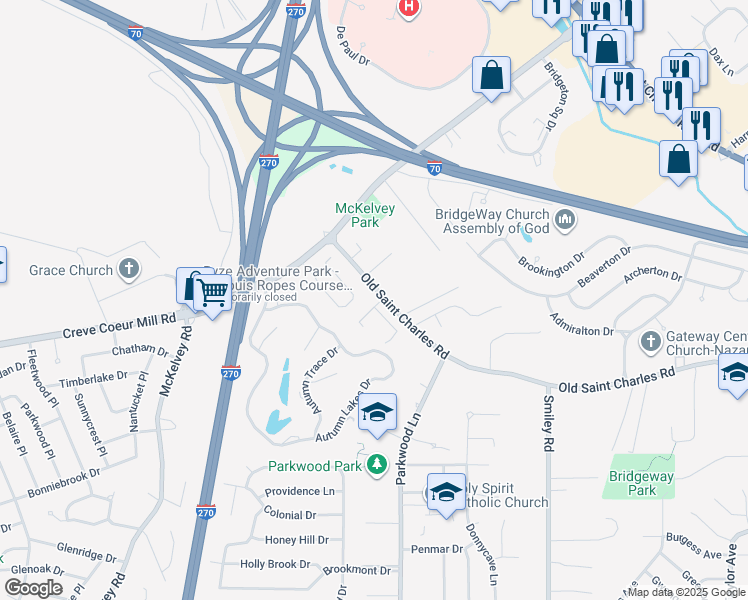 map of restaurants, bars, coffee shops, grocery stores, and more near 12916 Autumn View Pointe Drive in Bridgeton