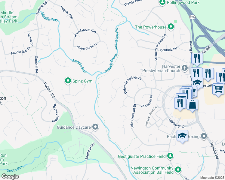 map of restaurants, bars, coffee shops, grocery stores, and more near 7922 Journey Lane in Springfield