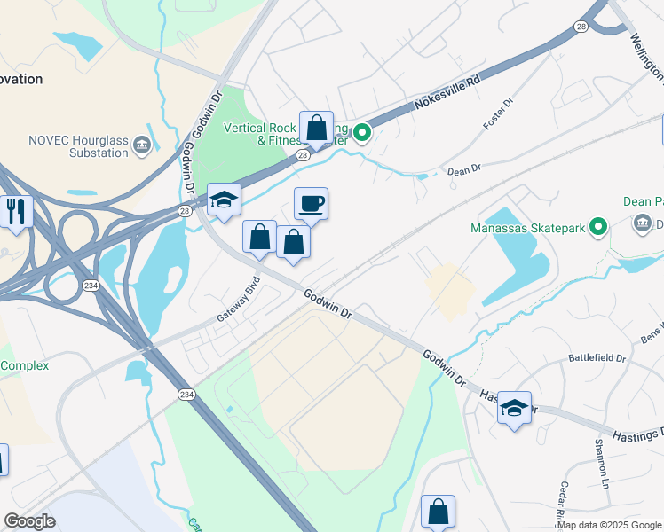 map of restaurants, bars, coffee shops, grocery stores, and more near 10428 Business Center Ct in Manassas