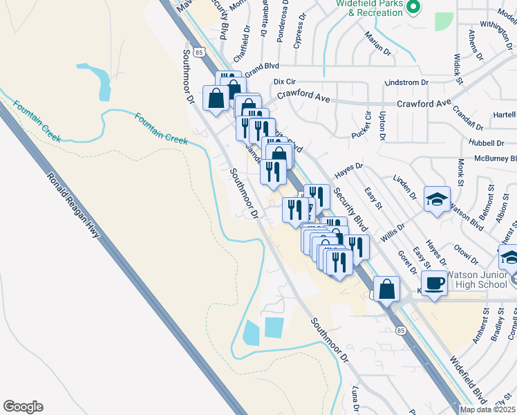 map of restaurants, bars, coffee shops, grocery stores, and more near 6631 Provincial Drive in Fountain
