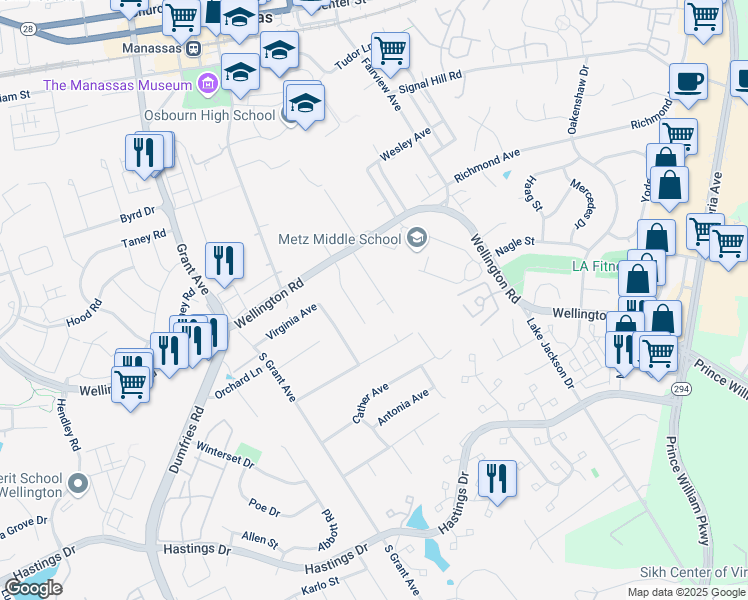 map of restaurants, bars, coffee shops, grocery stores, and more near 9808 Hutchison Lane in Manassas