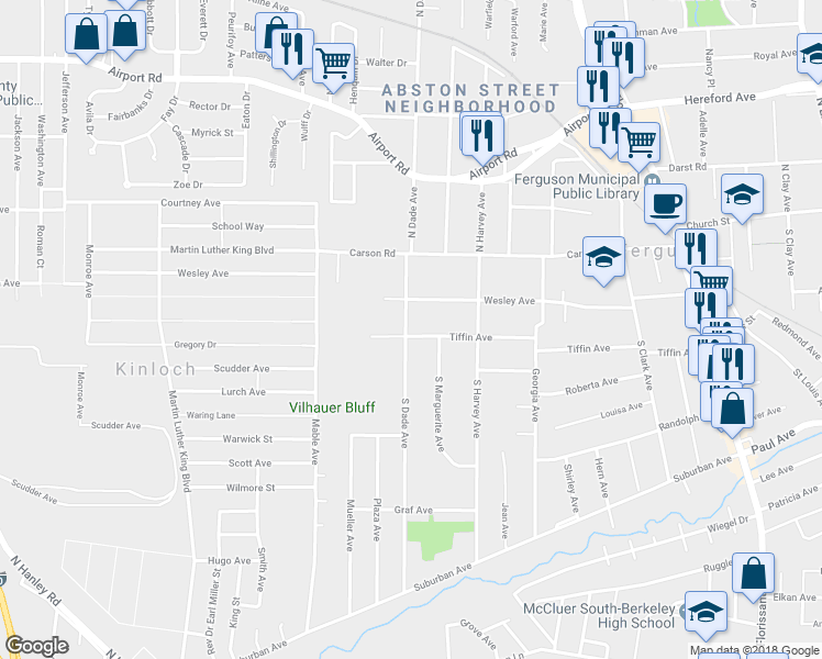 map of restaurants, bars, coffee shops, grocery stores, and more near 715 Tiffin Avenue in Ferguson