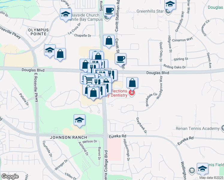 map of restaurants, bars, coffee shops, grocery stores, and more near 4060 Douglas Boulevard in Granite Bay