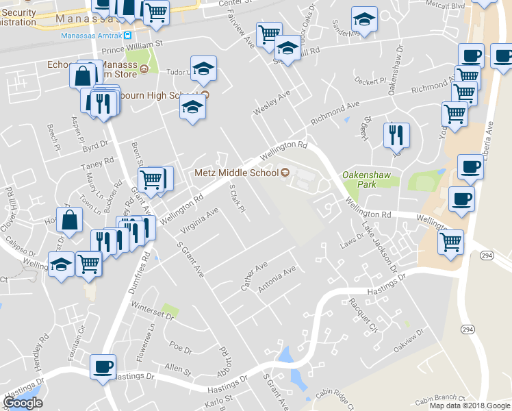 map of restaurants, bars, coffee shops, grocery stores, and more near 9808 Hutchison Lane in Manassas