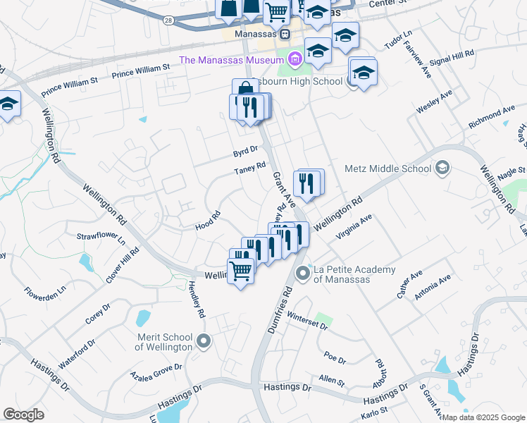 map of restaurants, bars, coffee shops, grocery stores, and more near 9835 Buckner Road in Manassas