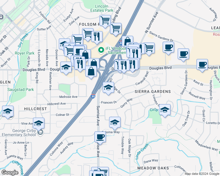map of restaurants, bars, coffee shops, grocery stores, and more near 310 Oak Ridge Drive in Roseville