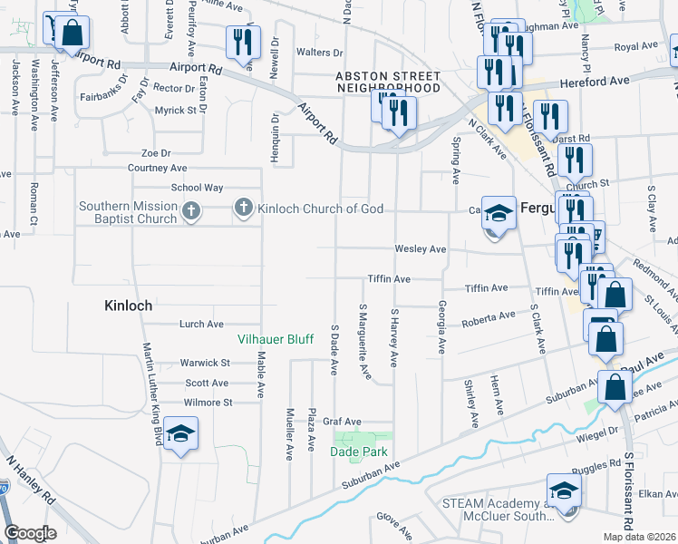 map of restaurants, bars, coffee shops, grocery stores, and more near 715 Tiffin Avenue in Ferguson