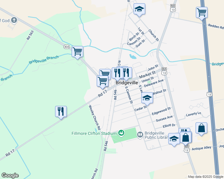 map of restaurants, bars, coffee shops, grocery stores, and more near 110 South Railroad Avenue in Bridgeville