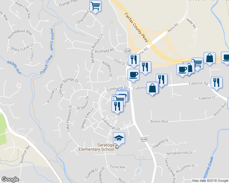 map of restaurants, bars, coffee shops, grocery stores, and more near 7909 Edinburgh Drive in Springfield