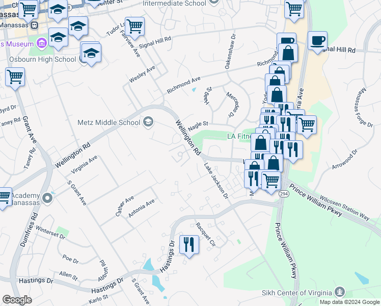 map of restaurants, bars, coffee shops, grocery stores, and more near 9972 Wellington Road in Manassas