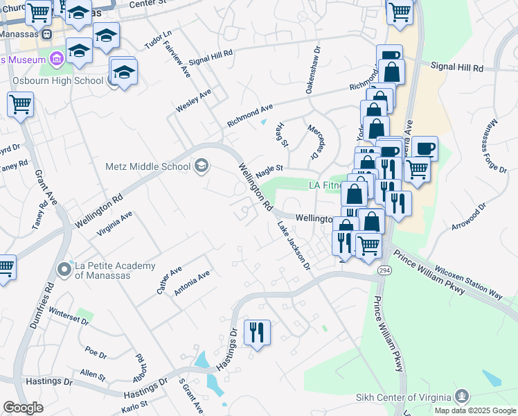 map of restaurants, bars, coffee shops, grocery stores, and more near 9972 Wellington Road in Manassas
