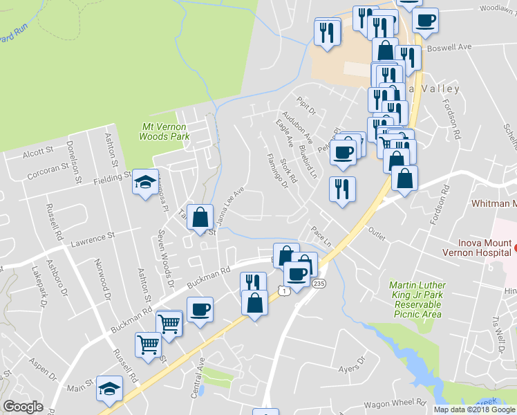 map of restaurants, bars, coffee shops, grocery stores, and more near 7980 Audubon Avenue in Alexandria