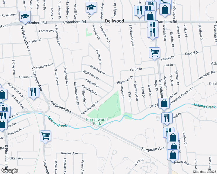 map of restaurants, bars, coffee shops, grocery stores, and more near 1140 Highmont Drive in Ferguson