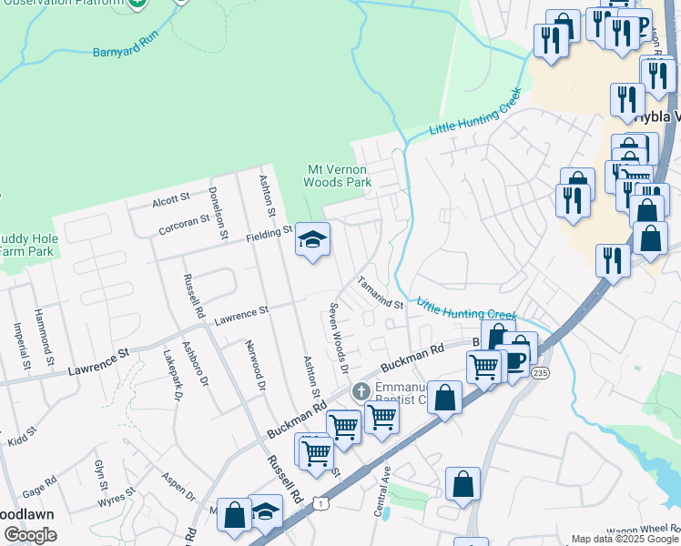 map of restaurants, bars, coffee shops, grocery stores, and more near 3860 Mariposa Place in Alexandria