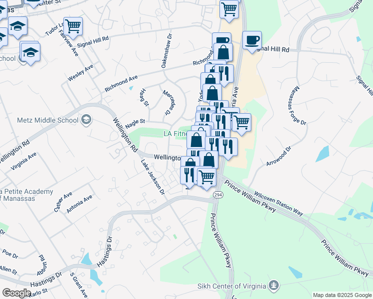 map of restaurants, bars, coffee shops, grocery stores, and more near 8511 Troutman Court in Manassas
